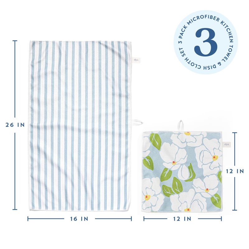 ELYN Microfiber Kitchen Dish Towel & Dish Cloth Set, Quick-Dry & Absorbent Waffle Weave Cleaning Cloths, Set of One Kitchen Towel & Two Washcloths, Paper Towels Alternative (Magnolias & Stripe) - Image 2