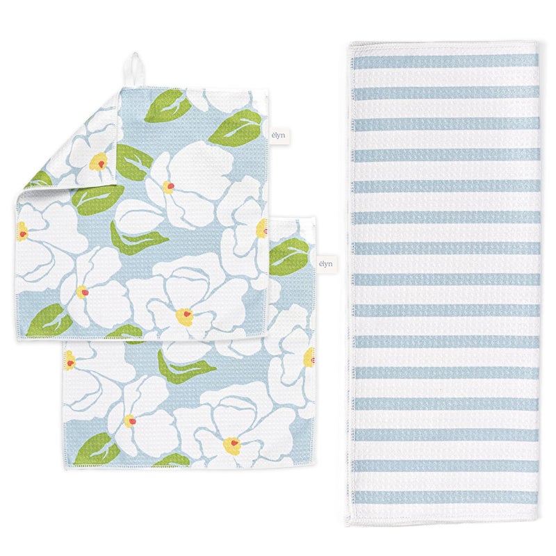 ELYN Microfiber Kitchen Dish Towel & Dish Cloth Set, Quick-Dry & Absorbent Waffle Weave Cleaning Cloths, Set of One Kitchen Towel & Two Washcloths, Paper Towels Alternative (Magnolias & Stripe) - Image 1
