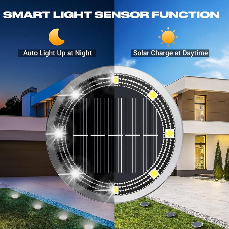NIUB Solar Ground Lights Outdoor, 8 Pack Flat Solar Powered Disc Lights, IP68 Waterproof, Anti-Rust, Landscape Lighting for Pathway Garden Yard Lawn Walkway Landscape Driveway, Mini, Cool White - Image 2