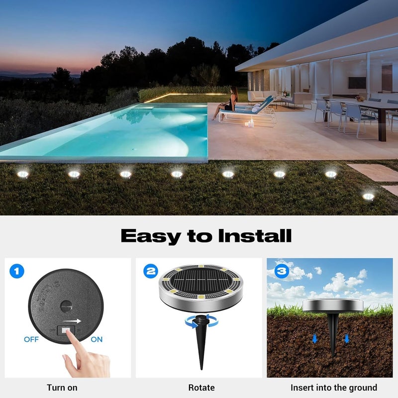 NIUB Solar Ground Lights Outdoor, 8 Pack Flat Solar Powered Disc Lights, IP68 Waterproof, Anti-Rust, Landscape Lighting for Pathway Garden Yard Lawn Walkway Landscape Driveway, Mini, Cool White - Image 4