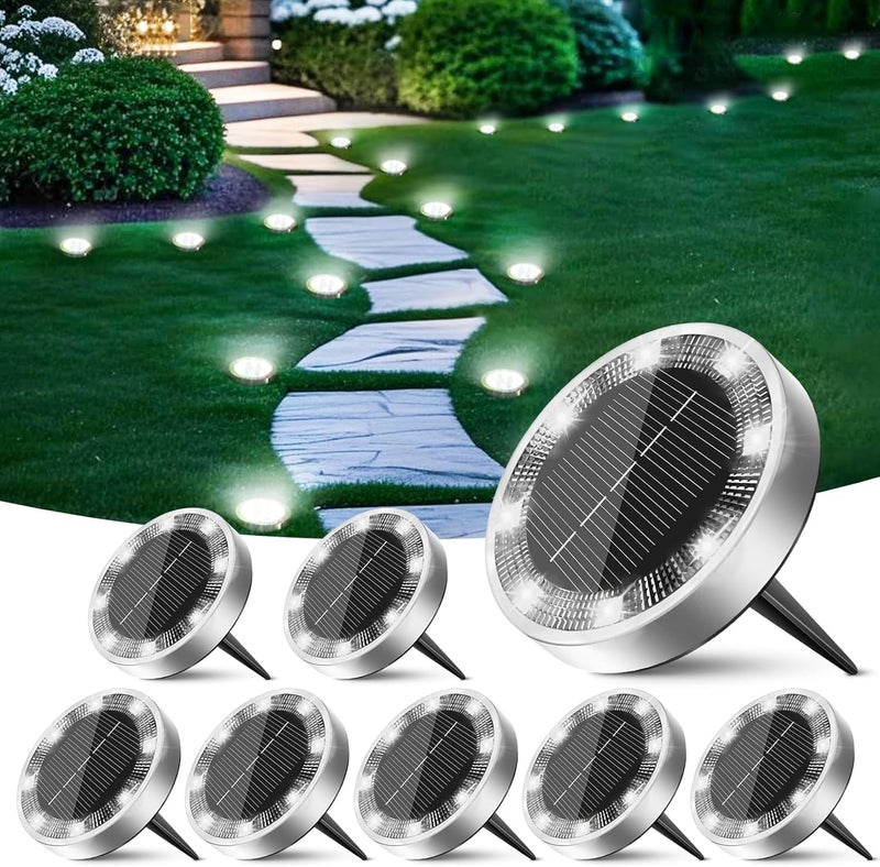 NIUB Solar Ground Lights Outdoor, 8 Pack Flat Solar Powered Disc Lights, IP68 Waterproof, Anti-Rust, Landscape Lighting for Pathway Garden Yard Lawn Walkway Landscape Driveway, Mini, Cool White - Image 1