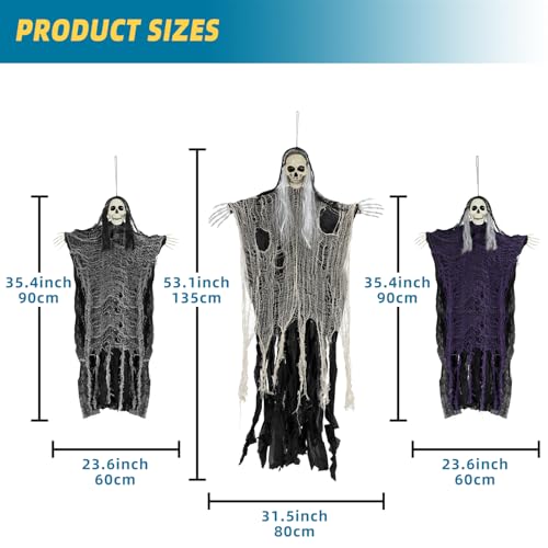 QPMR Halloween Decorations Outdoor/Indoor,Set of 3 Scary Hanging Ghosts,Halloween Grim Reaper Skeleton, Scary Party Decorations,Haunted House Decor for Yard/Lawn/Garden. - Image 2