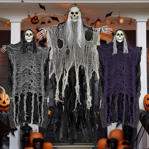 QPMR Halloween Decorations Outdoor/Indoor,Set of 3 Scary Hanging Ghosts,Halloween Grim Reaper Skeleton, Scary Party Decorations,Haunted House Decor for Yard/Lawn/Garden. - Image 1