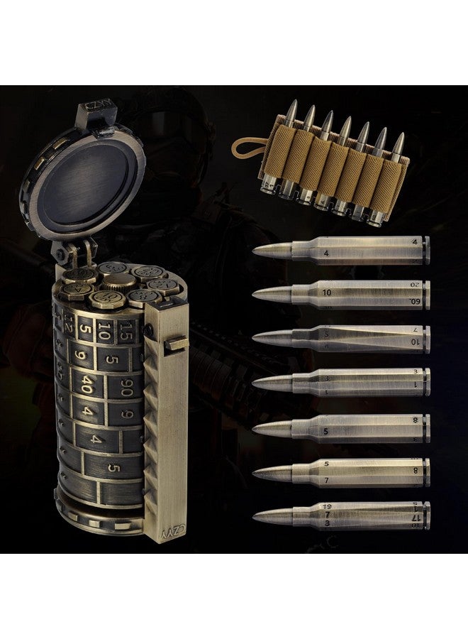 CZYY CZYY Rifle Bullet Dice Set - Solid Metal 7 Polyhedral Dice Set with Spinning Container Case & Cartridge Holder Belt - Perfect Role Playing Dice Set for D&D, Tabletop Games (Bronze)  - Image 1