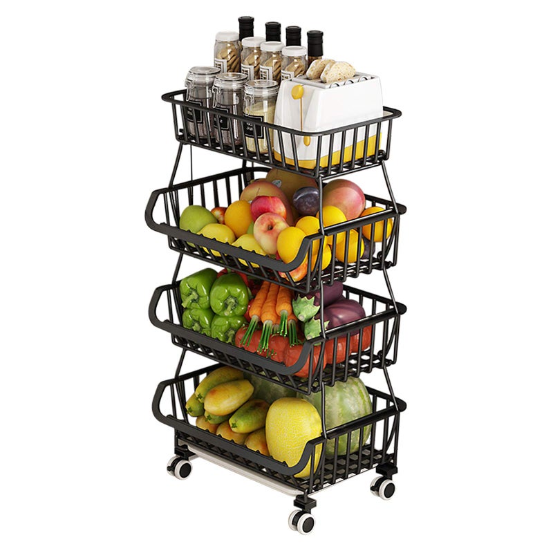 BRIAN  DANY 4 Tier Vegetable Storage Rack Stackable Fruit Vegetable Stand with Lockable Casters and 5 SHooks for Kitchen Pantry Bathroom Garage