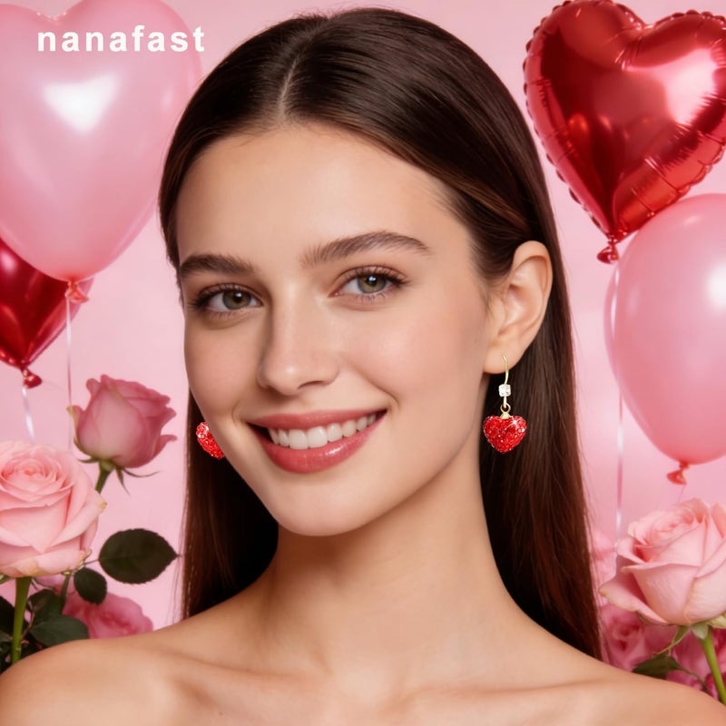 Nanafast Valentines Earrings for Women Girlfriend, Glitter Red Heart Earrings Rhinestones Setting, Party Holiday Festive Outfits, Romantic Birthday Christmas Valentines Day Gifts for Her-hook - Image 3