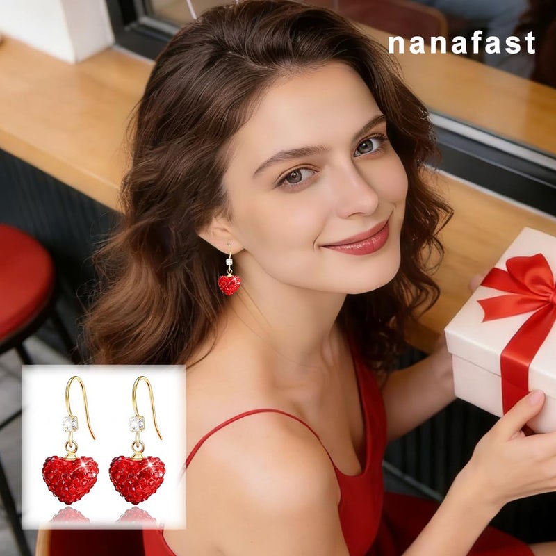 Nanafast Valentines Earrings for Women Girlfriend, Glitter Red Heart Earrings Rhinestones Setting, Party Holiday Festive Outfits, Romantic Birthday Christmas Valentines Day Gifts for Her-hook - Image 4