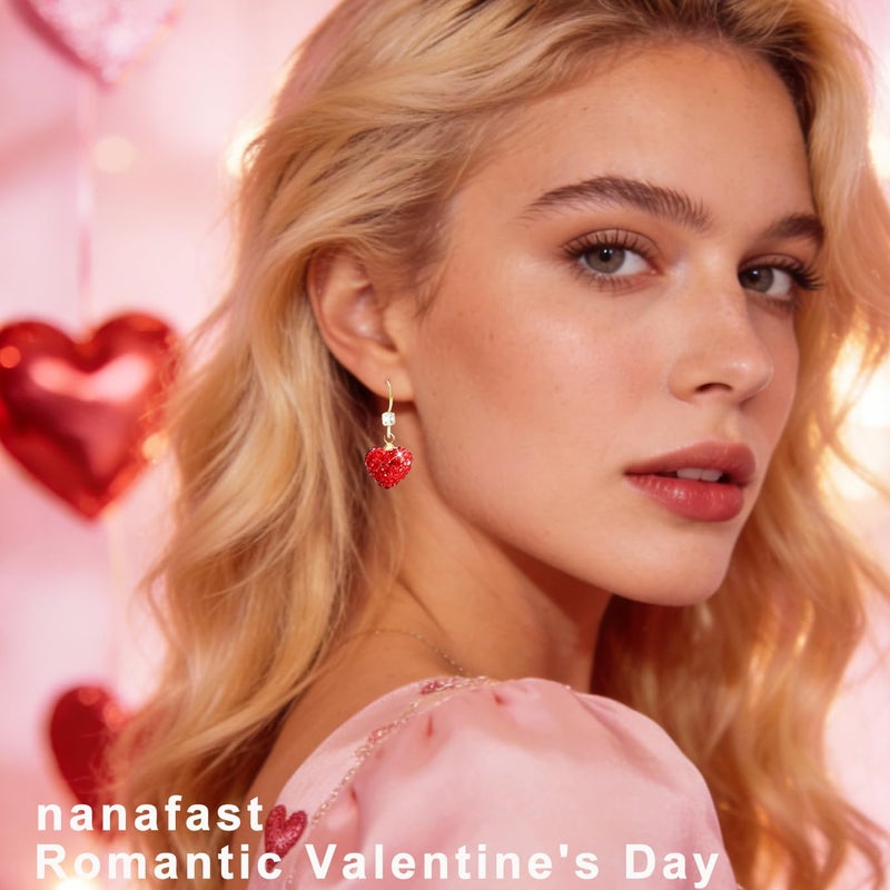 Nanafast Valentines Earrings for Women Girlfriend, Glitter Red Heart Earrings Rhinestones Setting, Party Holiday Festive Outfits, Romantic Birthday Christmas Valentines Day Gifts for Her-hook - Image 5