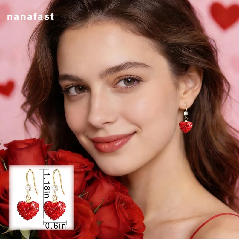 Nanafast Valentines Earrings for Women Girlfriend, Glitter Red Heart Earrings Rhinestones Setting, Party Holiday Festive Outfits, Romantic Birthday Christmas Valentines Day Gifts for Her-hook - Image 2