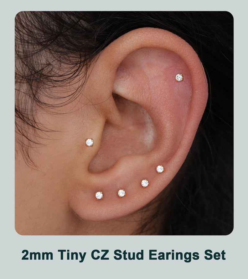 Purbeaut 5 Pairs Silver Tiny 2mm Stud Earrings Set for Women Men, Surgical Steel 20G Small Stack Round Cubic Zirconia Earrings for Multiple Piercing, Hypoallergenic Piercing Studs for Sensitive Ears - Image 3