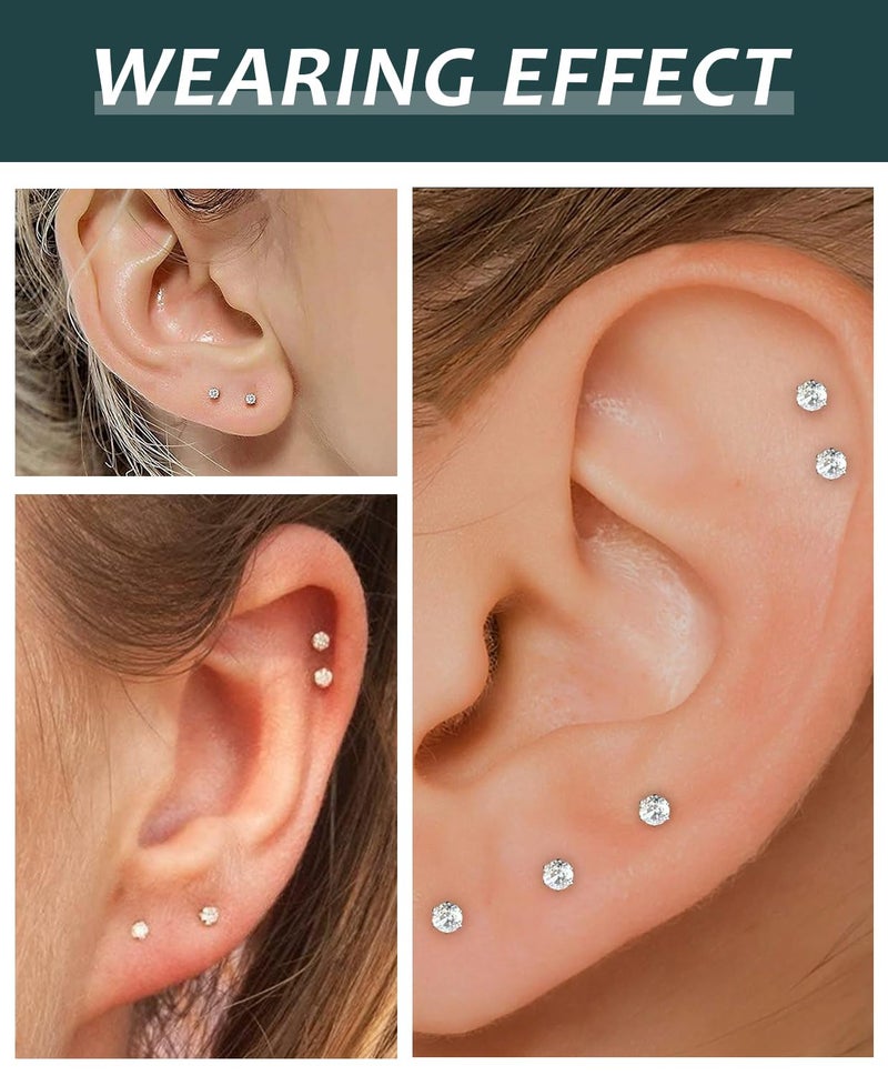Purbeaut 5 Pairs Silver Tiny 2mm Stud Earrings Set for Women Men, Surgical Steel 20G Small Stack Round Cubic Zirconia Earrings for Multiple Piercing, Hypoallergenic Piercing Studs for Sensitive Ears - Image 4