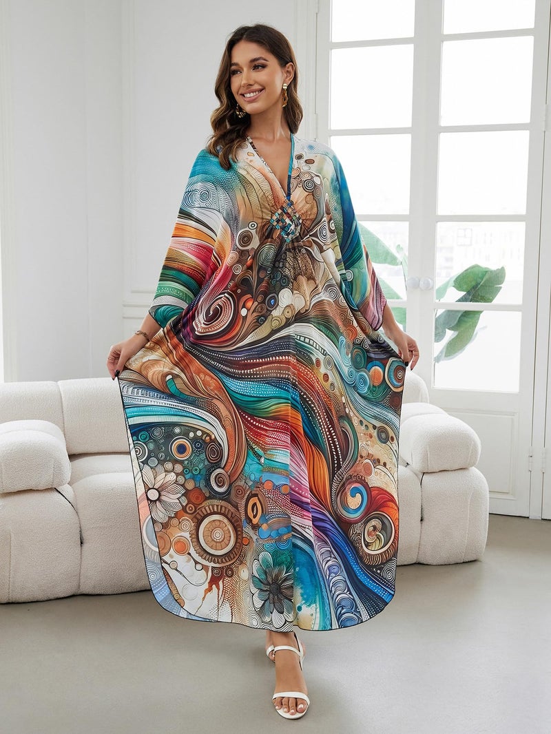 IMAGEKOPE Batwing Sleeve Kaftan Dress for Women Plus Size - Flowy Lightweight Long Maxi Beach Cover Up,Summer Loungewear - Image 5