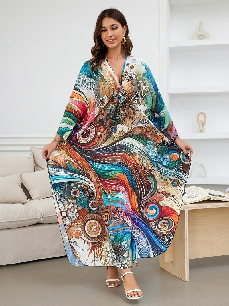 IMAGEKOPE Batwing Sleeve Kaftan Dress for Women Plus Size - Flowy Lightweight Long Maxi Beach Cover Up,Summer Loungewear - Image 2