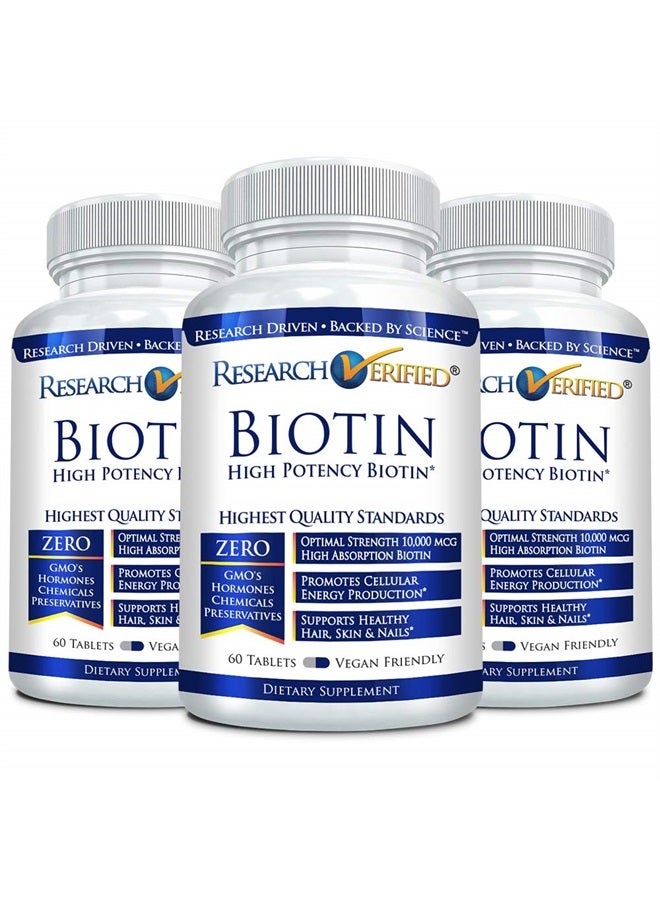 research verified Biotin – Pure Biotin Extra Strength 10,000mcg for Improved Hair, Skin and Nail Health - 60 Vegan Tablets, Made in USA - Image 1