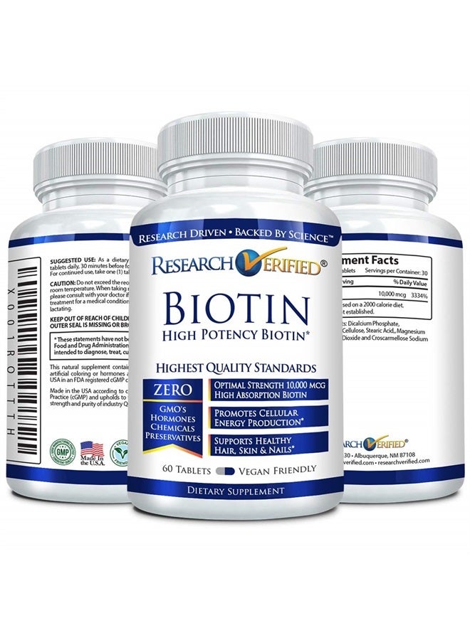 research verified Biotin – Pure Biotin Extra Strength 10,000mcg for Improved Hair, Skin and Nail Health - 60 Vegan Tablets, Made in USA - Image 2