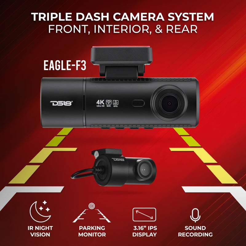 DS18 Eagle-F3 4K Dash Cam Triple Front Cabin and Rear, WiFi GPS Dash Cam with Night Vision, 24/7 Parking Mode, G-Sensor, Loop Recording, Includes 64GB microSD Card - Image 2