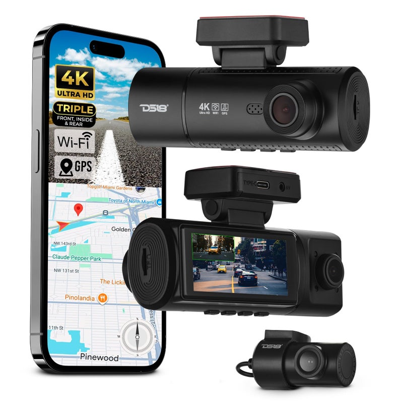 DS18 Eagle-F3 4K Dash Cam Triple Front Cabin and Rear, WiFi GPS Dash Cam with Night Vision, 24/7 Parking Mode, G-Sensor, Loop Recording, Includes 64GB microSD Card - Image 1