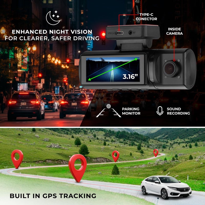 DS18 Eagle-F3 4K Dash Cam Triple Front Cabin and Rear, WiFi GPS Dash Cam with Night Vision, 24/7 Parking Mode, G-Sensor, Loop Recording, Includes 64GB microSD Card - Image 4
