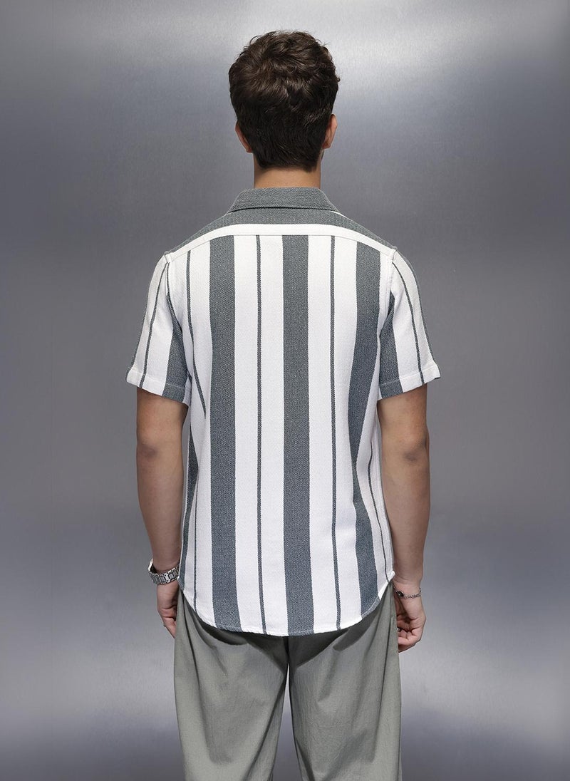 Wrogn Men's Casual Striped Half Sleeves Shirt  | Navy Blue - Image 3