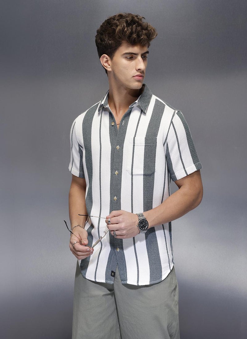 Wrogn Men's Casual Striped Half Sleeves Shirt  | Navy Blue - Image 1