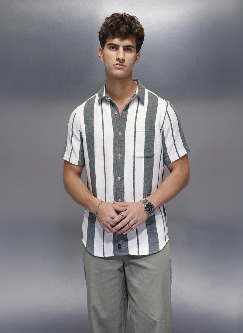 Wrogn Men's Casual Striped Half Sleeves Shirt  | Navy Blue - Image 4