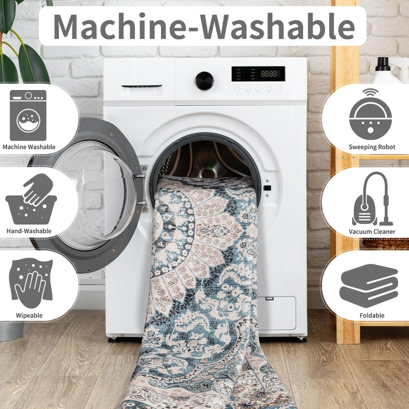 Foxmas 6x9 Area Rugs for Living Room, Machine Washable Vintage Rug, Non-Slip Low Pile Throw Rugs with Rubber Backing Washable Carpet for Bedroom Dining Room Kitchen Home Decor, Blue - Image 3