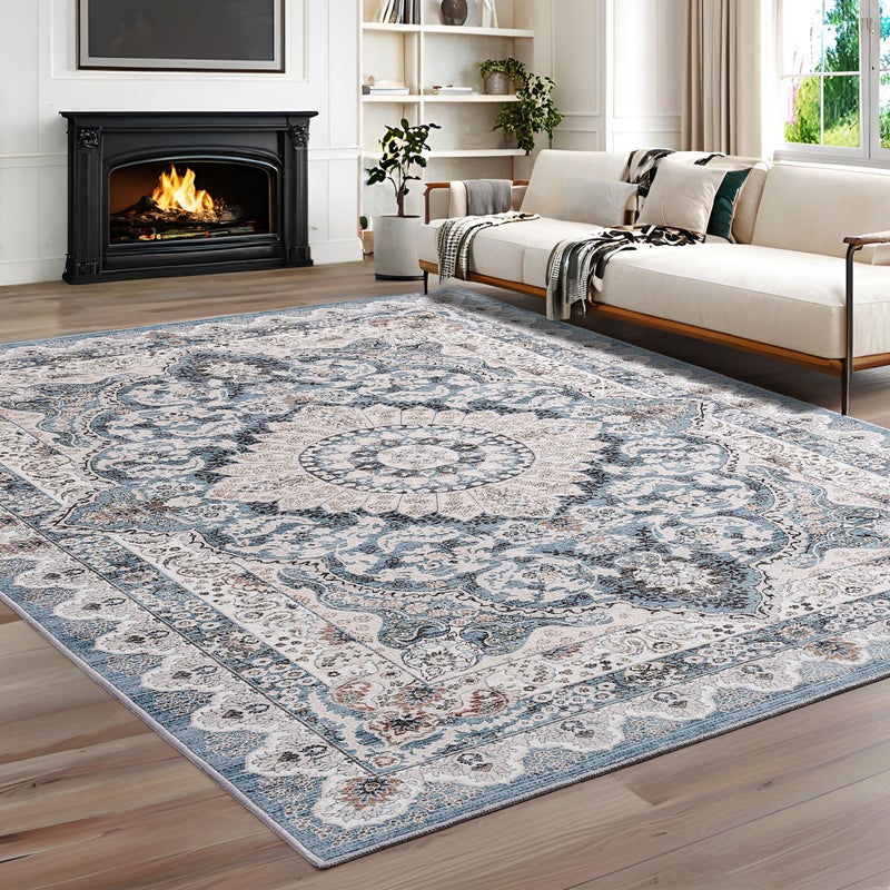 Foxmas 6x9 Area Rugs for Living Room, Machine Washable Vintage Rug, Non-Slip Low Pile Throw Rugs with Rubber Backing Washable Carpet for Bedroom Dining Room Kitchen Home Decor, Blue - Image 2