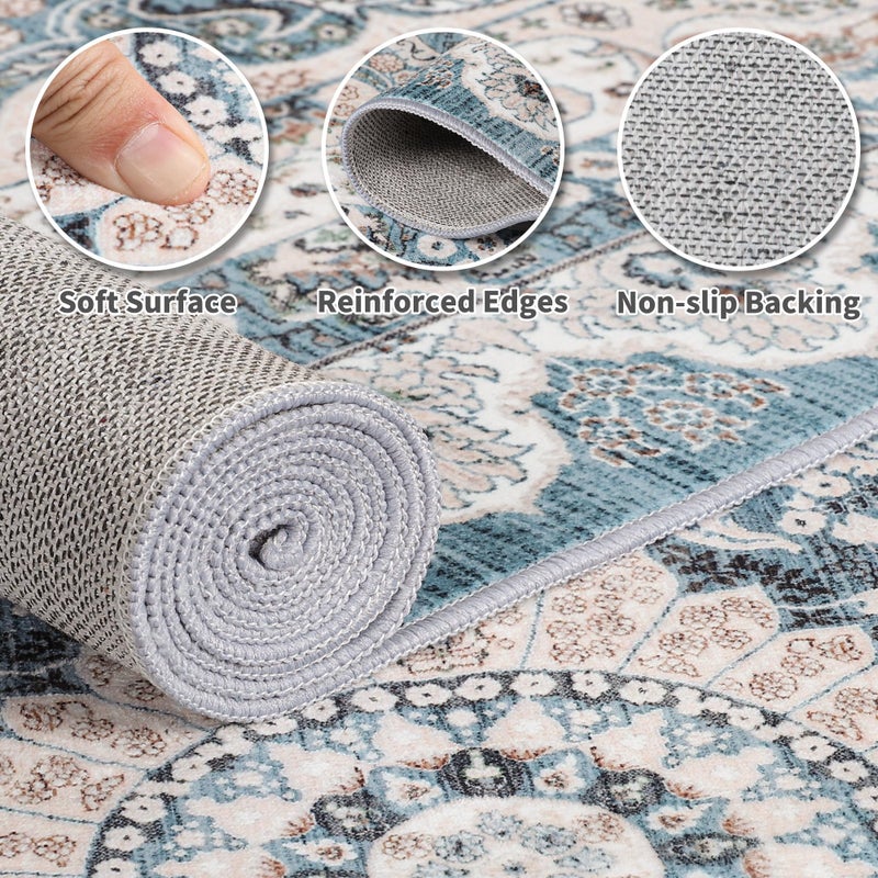 Foxmas 6x9 Area Rugs for Living Room, Machine Washable Vintage Rug, Non-Slip Low Pile Throw Rugs with Rubber Backing Washable Carpet for Bedroom Dining Room Kitchen Home Decor, Blue - Image 4