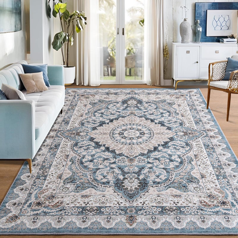 Foxmas 6x9 Area Rugs for Living Room, Machine Washable Vintage Rug, Non-Slip Low Pile Throw Rugs with Rubber Backing Washable Carpet for Bedroom Dining Room Kitchen Home Decor, Blue - Image 1