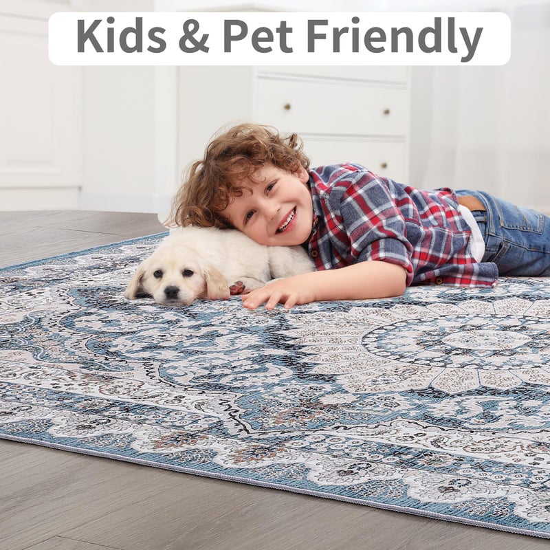 Foxmas 6x9 Area Rugs for Living Room, Machine Washable Vintage Rug, Non-Slip Low Pile Throw Rugs with Rubber Backing Washable Carpet for Bedroom Dining Room Kitchen Home Decor, Blue - Image 5