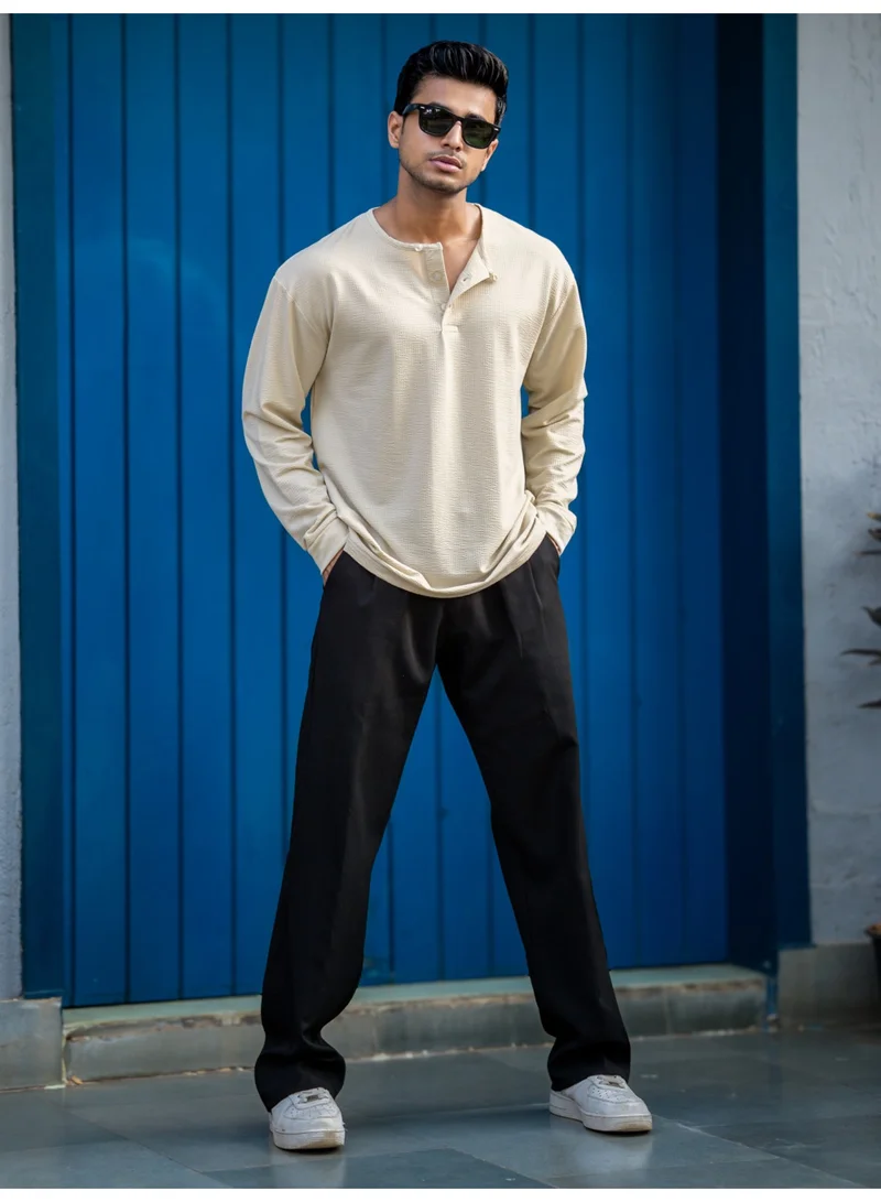 Maniac Maniac Mens Solid Bubble Texture Henley Neck Full Sleeve Beige Cottonblend T-Shirt
