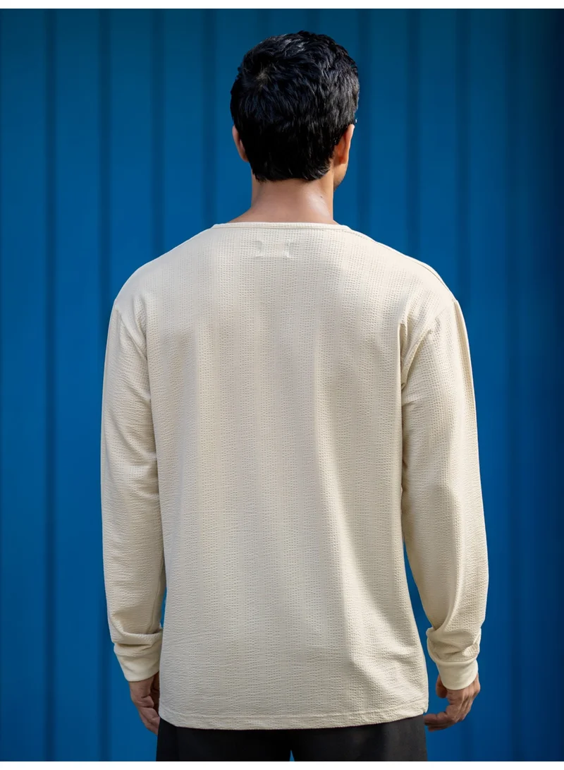 Maniac Maniac Mens Solid Bubble Texture Henley Neck Full Sleeve Beige Cottonblend T-Shirt