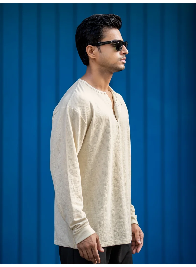 Maniac Maniac Mens Solid Bubble Texture Henley Neck Full Sleeve Beige Cottonblend T-Shirt