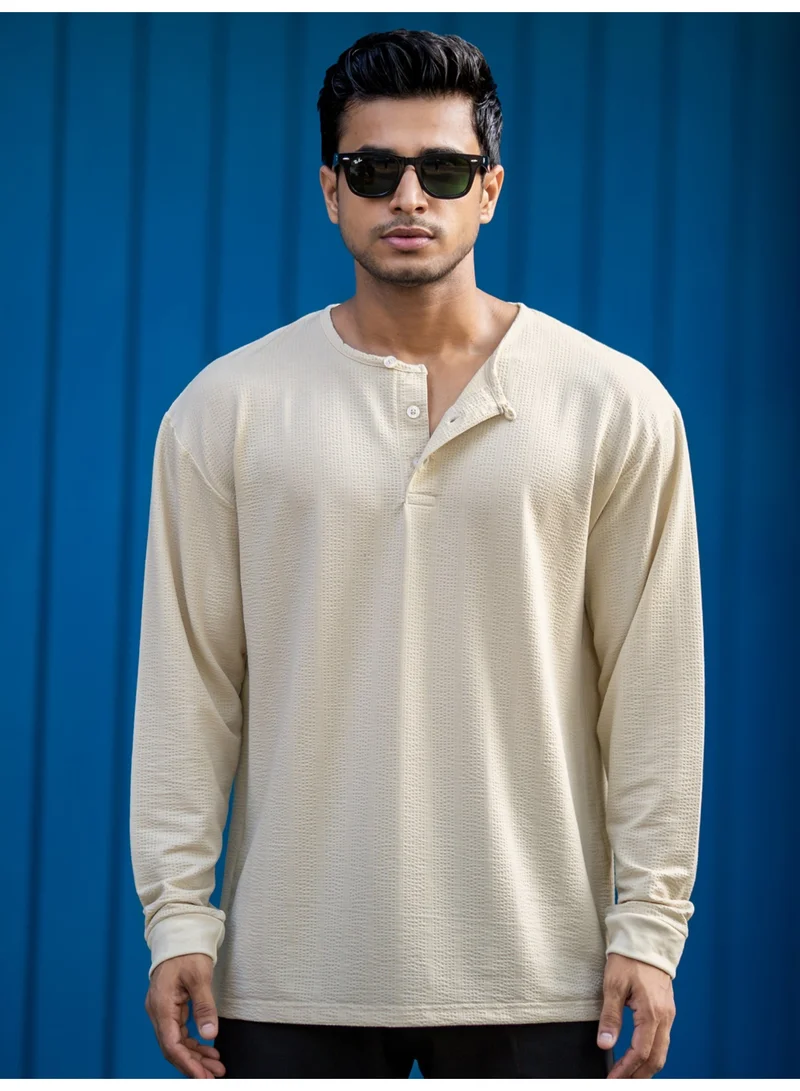 Maniac Maniac Mens Solid Bubble Texture Henley Neck Full Sleeve Beige Cottonblend T-Shirt