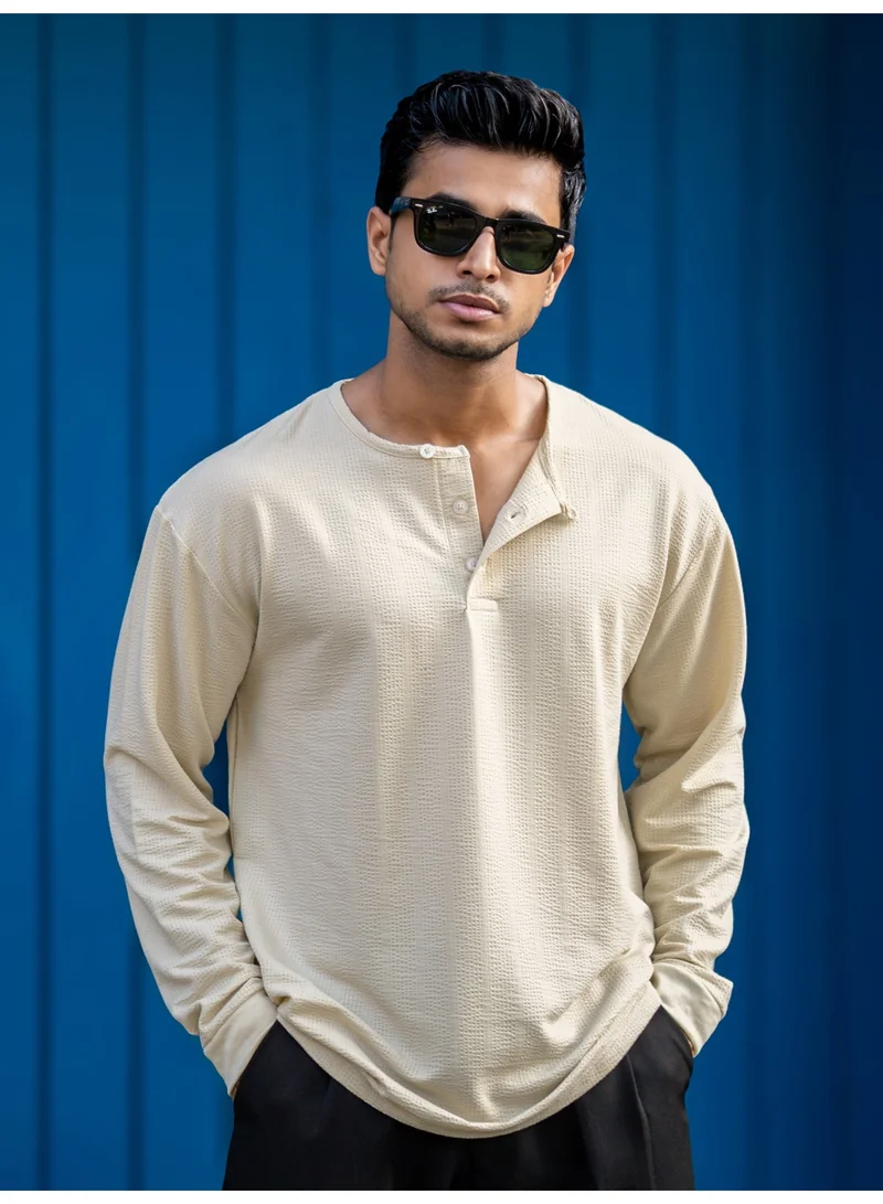 Maniac Maniac Mens Solid Bubble Texture Henley Neck Full Sleeve Beige Cottonblend T-Shirt