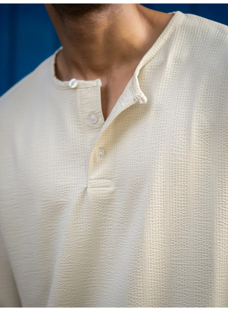 Maniac Maniac Mens Solid Bubble Texture Henley Neck Full Sleeve Beige Cottonblend T-Shirt
