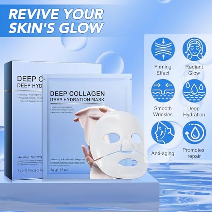 GOGIFTGO Collagen Face Mask,Collagen Real Deep Mask,Collagen Mask,Deep Hydrating Anti Wrinkle Lifting M-ask,Hydrogel M-asks for All Skin Types 34g*4ea - Image 2