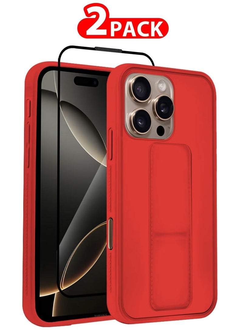 Raxoom 2-Pack Premium PU Leather Case & Screen Protector for iPhone 16 Pro Max â€“ Shockproof, Anti-Scratch, Stand Function, Finger Grip Case Cover (Red) - Image 1