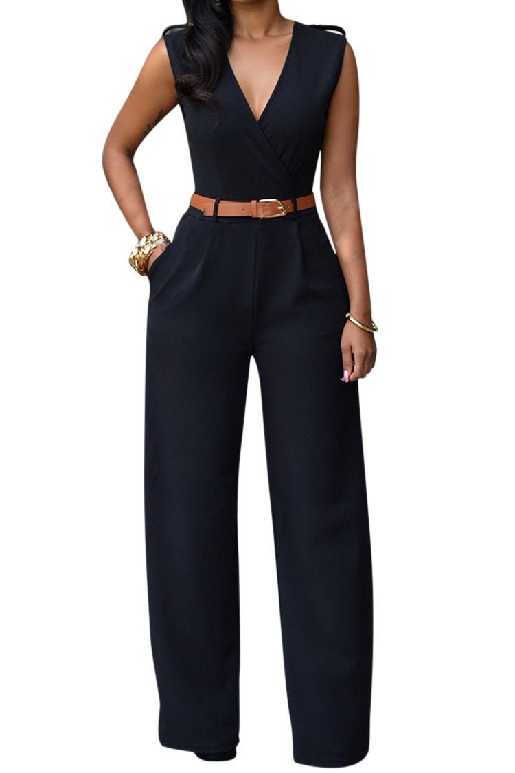 Pink Queen Woman Jumpsuits Black Sleeveless Deep V Neck Long Jumpsuits Rompers Black Small - Image 3
