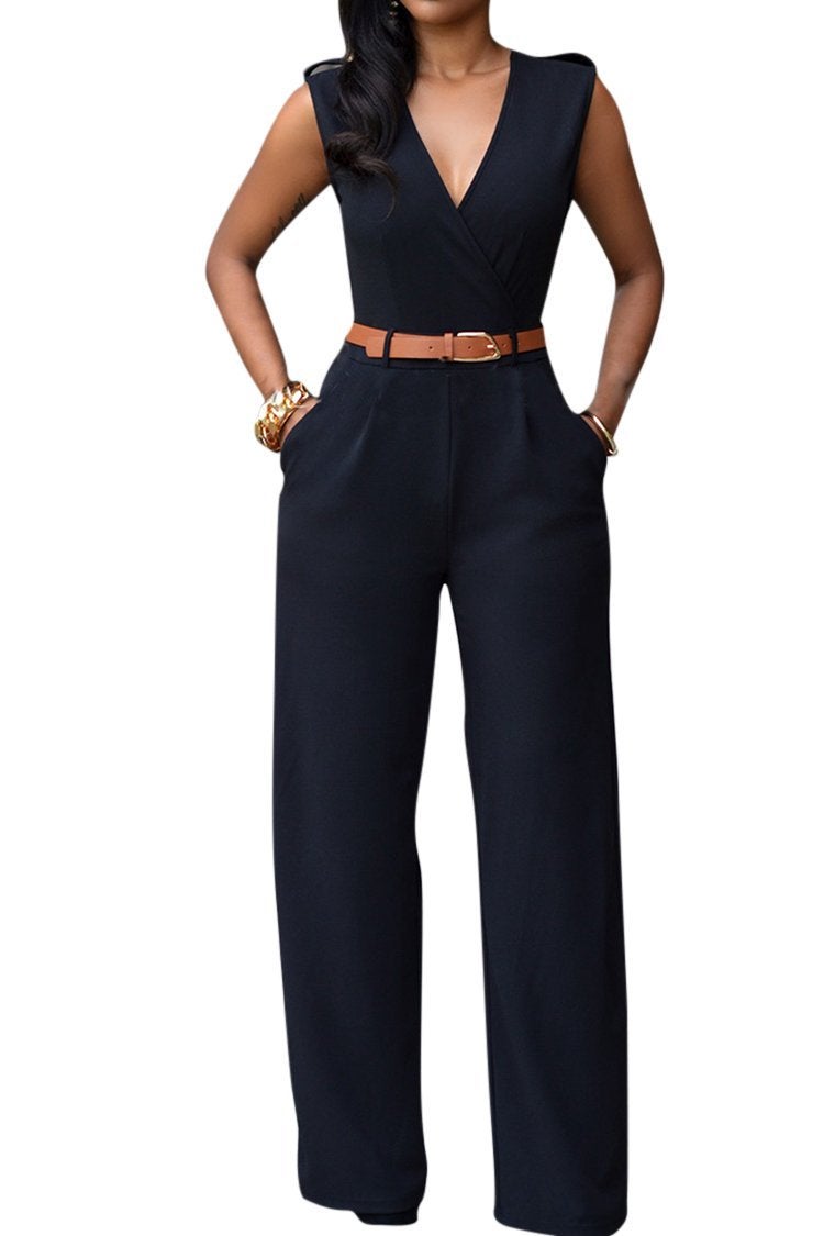 Pink Queen Woman Jumpsuits Black Sleeveless Deep V Neck Long Jumpsuits Rompers Black Small - Image 1