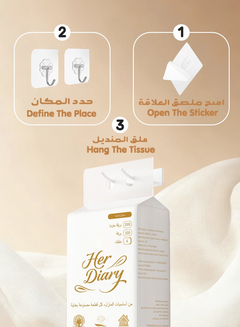 Her Diary Wall Hanging Facial Tissues,500 Pulls per Pack (Pack of 6), 4-Ply Ultra Soft Paper,2000 Single Sheets, with 2 Free Hooks for Bathroom and Kitchen Use,Unscented & Hypoallergenic - Image 5