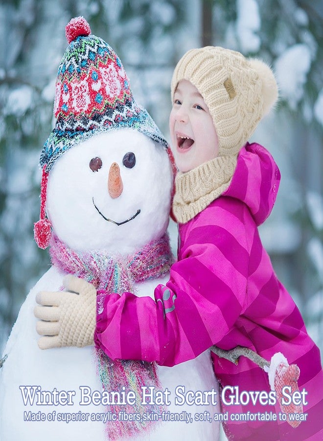 Tavaleu Kids Winter Beanie Hat Scart Gloves Set，Girls Fleece Lined Knitted Pom Hat Neck Warmer Knit Gloves for Children, Beige, 6-8 Years - Image 2