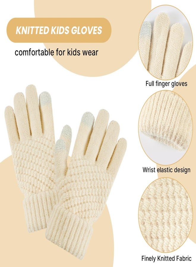 Tavaleu Kids Winter Beanie Hat Scart Gloves Set，Girls Fleece Lined Knitted Pom Hat Neck Warmer Knit Gloves for Children, Beige, 6-8 Years - Image 5