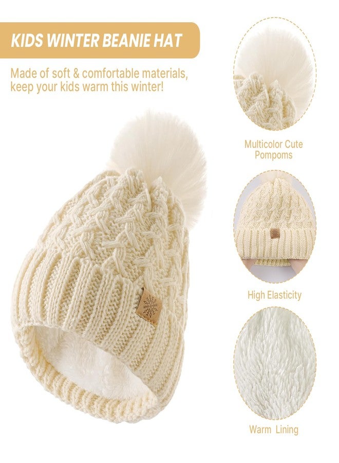 Tavaleu Kids Winter Beanie Hat Scart Gloves Set，Girls Fleece Lined Knitted Pom Hat Neck Warmer Knit Gloves for Children, Beige, 6-8 Years - Image 3