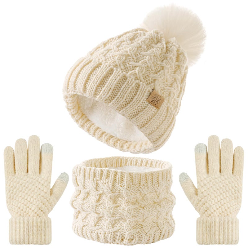 Tavaleu Kids Winter Beanie Hat Scart Gloves Set，Girls Fleece Lined Knitted Pom Hat Neck Warmer Knit Gloves for Children, Beige, 6-8 Years - Image 1