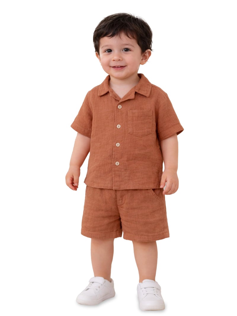 Kidbea Boys Organic Cotton Shirt & Shorts | Soft Breathable Summer Co-ord Outfit for Kids Casual Clothing Set Casual Clothing Set (Rust, 5–6 Years) - Image 1