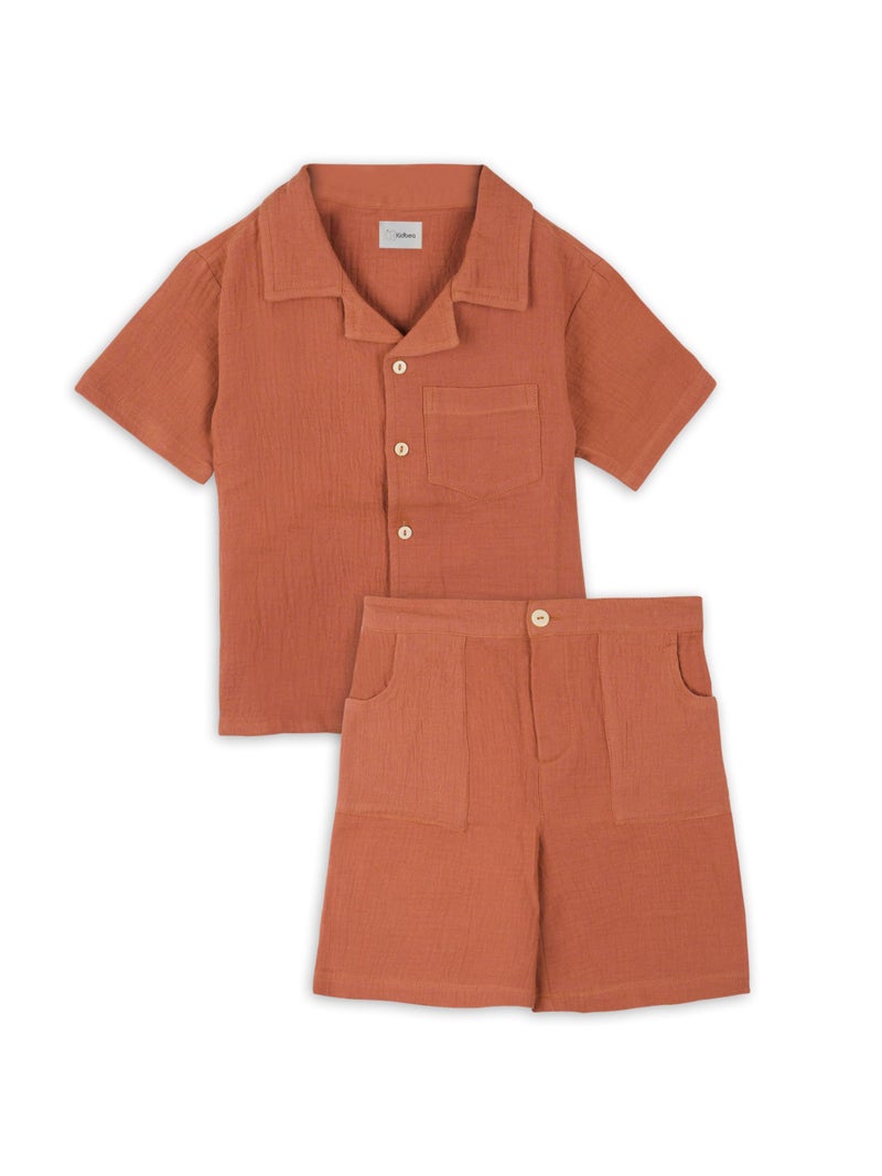 Kidbea Boys Organic Cotton Shirt & Shorts | Soft Breathable Summer Co-ord Outfit for Kids Casual Clothing Set Casual Clothing Set (Rust, 5–6 Years) - Image 2