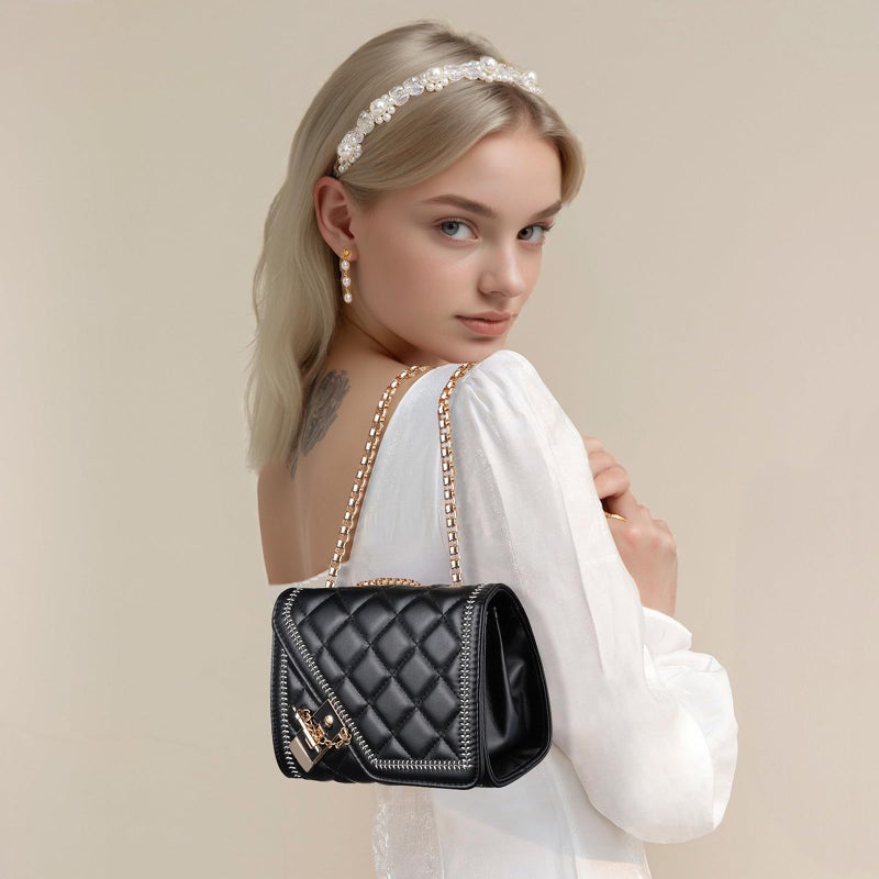 Aiqudou Women's Quilted Crossbody Bag - Flap PU Leather Shoulder Bag, Fashion Chain Small Square Purse, Evening Clutch Handbag - Image 3