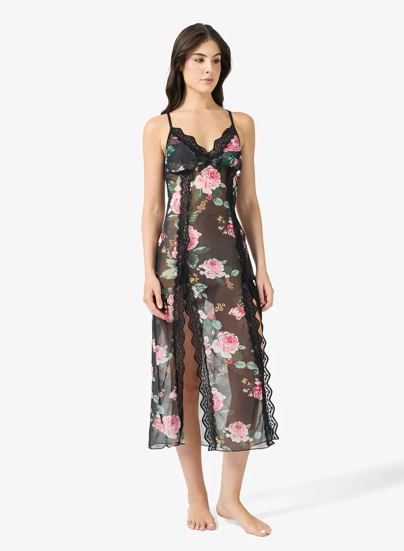ELLA Floral Nigh Dress With Lace Trims