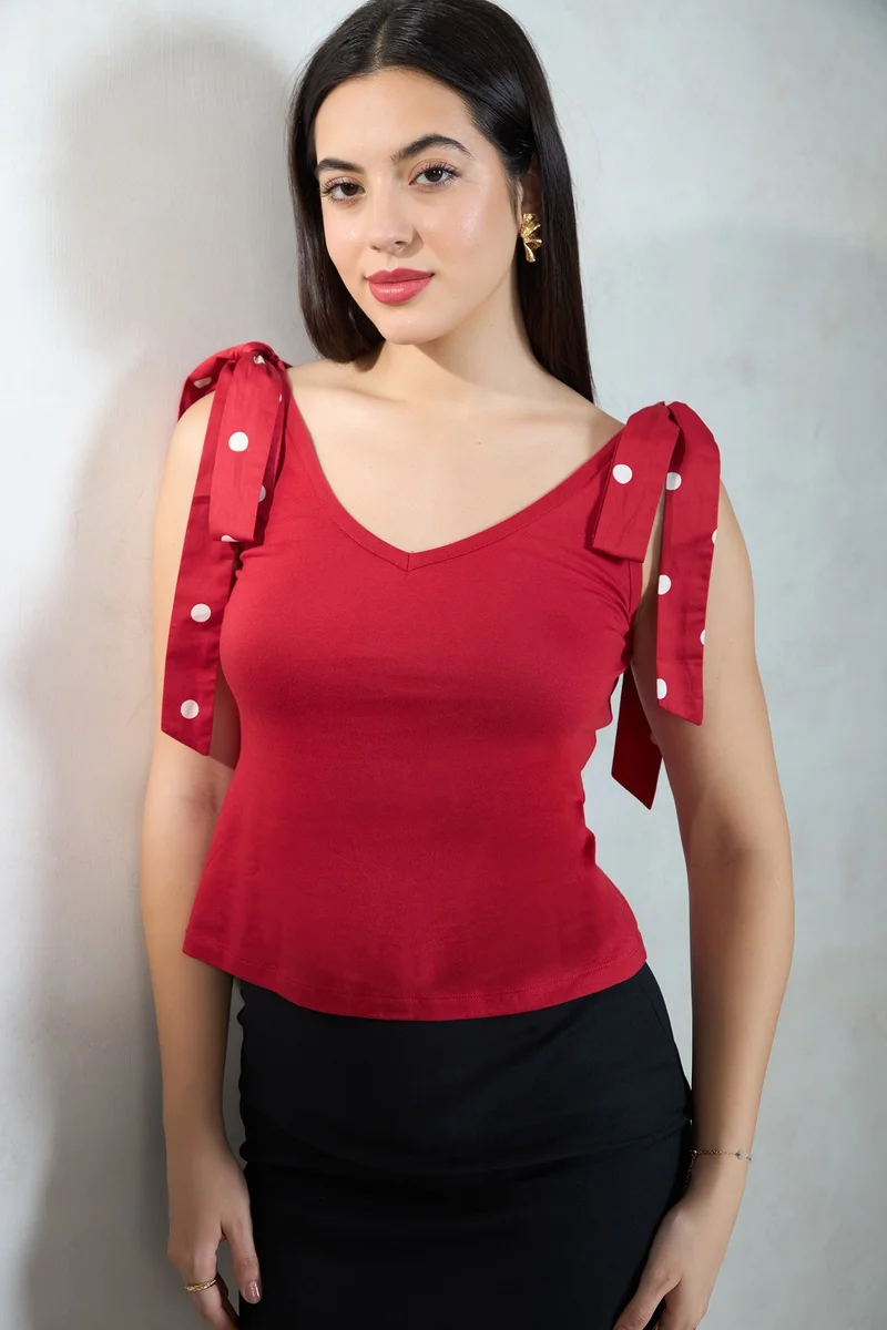 فيرجيو Printed Cotton Red Knit Top With Shoulder Bow for Women